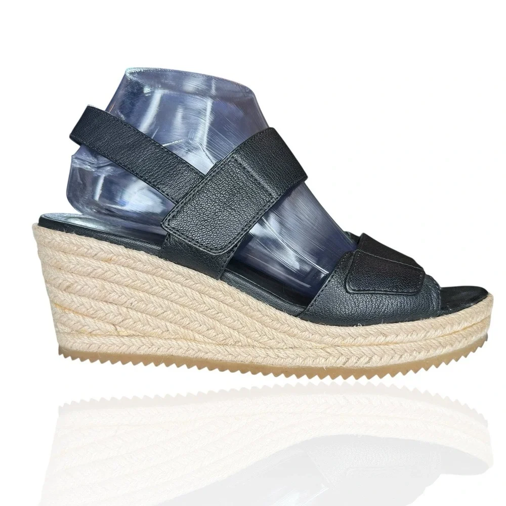 NEW Eileen Fisher 8.5 Winnie Tumbled Black Leather Espadrille Wedge‎ Sandals